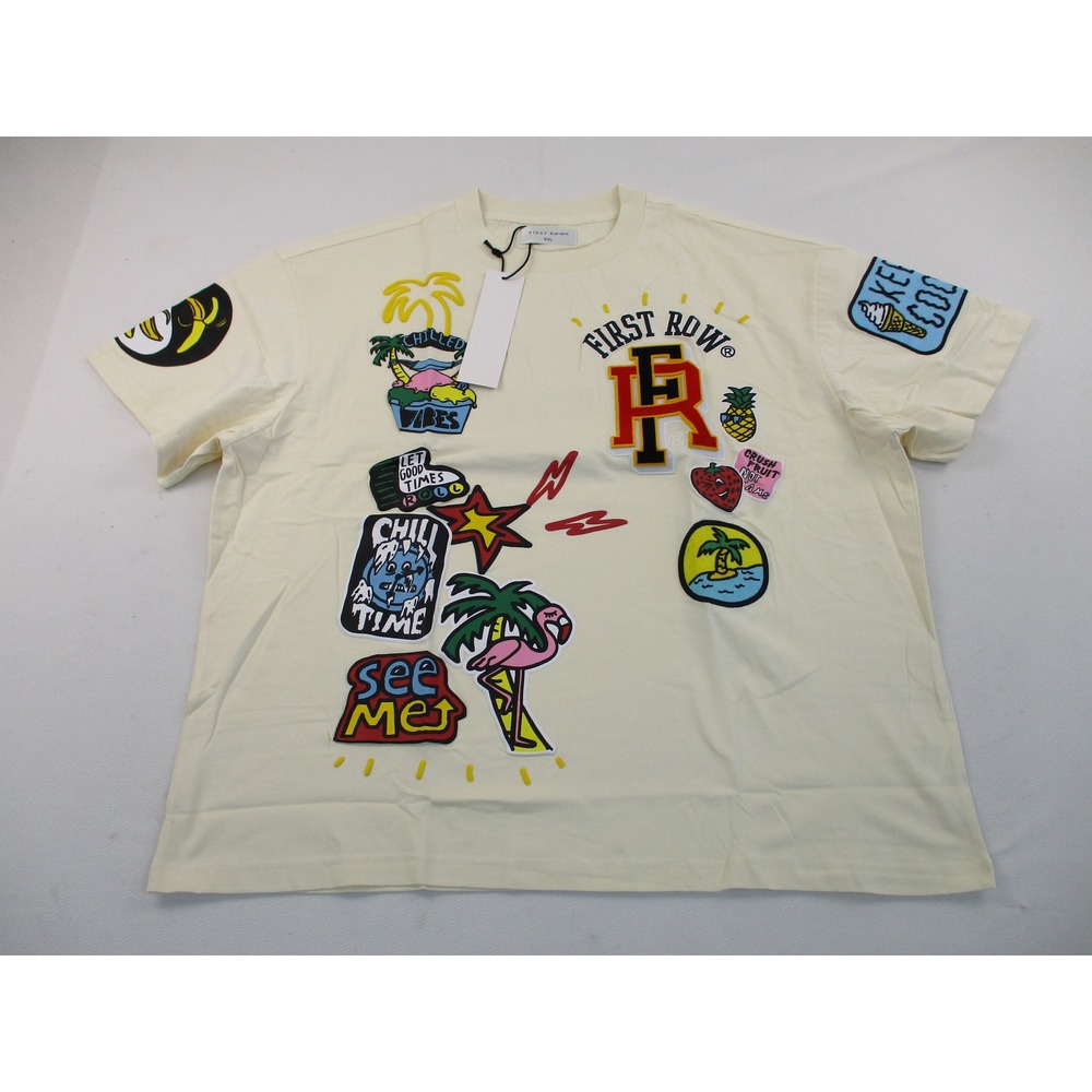 First Row T-Shirt Mens 2XL Beige Multi-Graphic Patch Varsity Streetwear Tee NEW